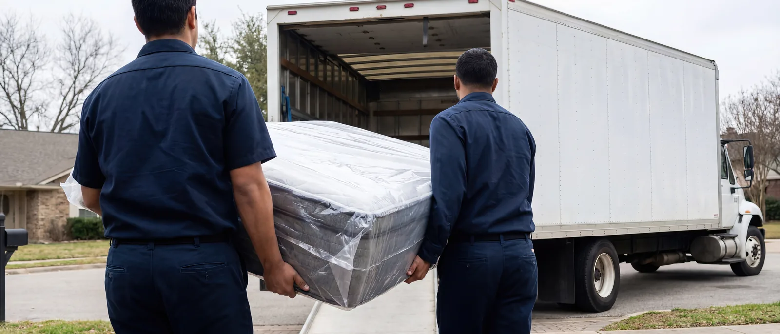 Two movers in uniform carrying a plastic-wrapped mattress up a ramp into a moving truck outside a house
