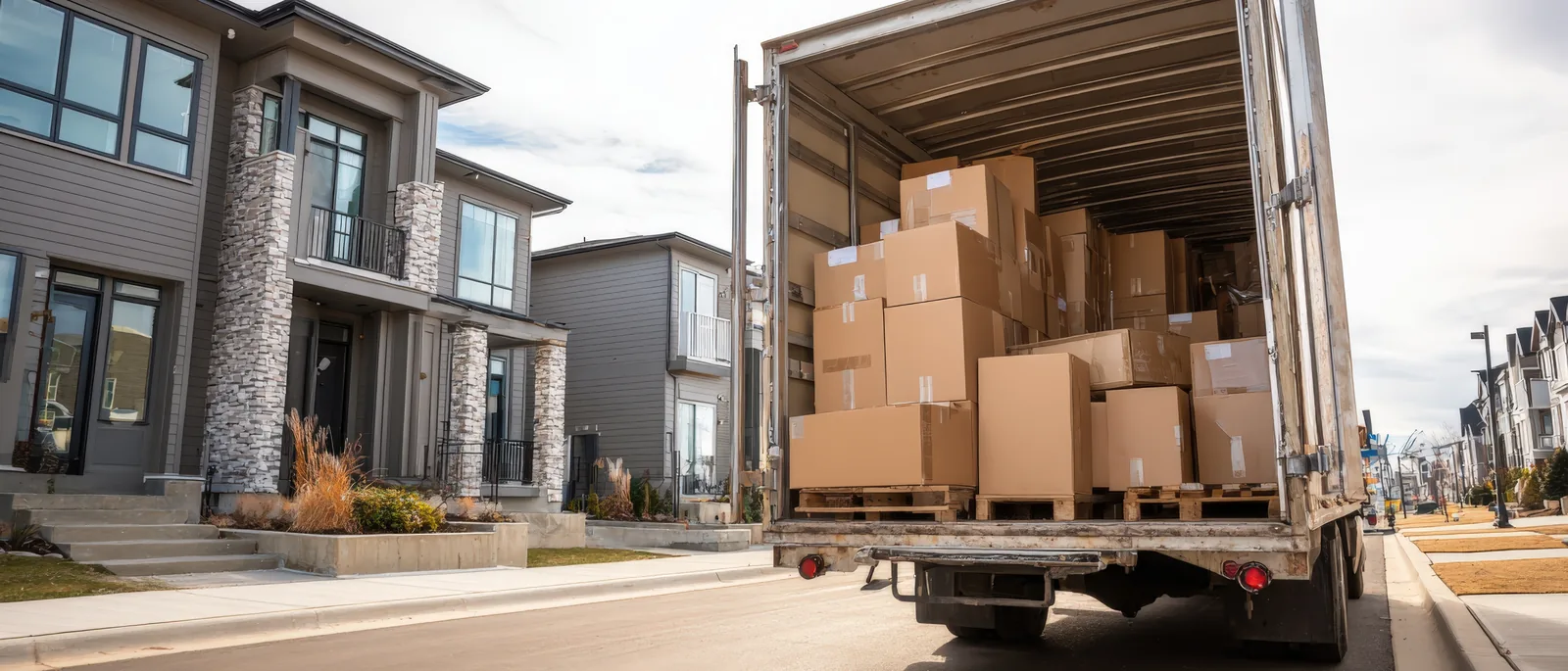 Loaded moving truck with boxes at a home